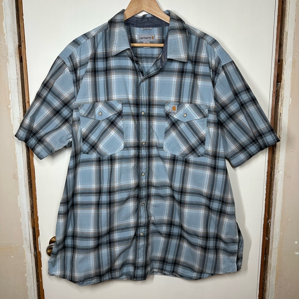 Men’s Carhartt Blue Plaid Button-up Short Sleeve Shirt Relaxed Fit‎ Size 2XL